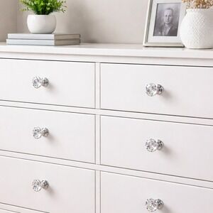 Set of 6 Crystal Glass Drawer Knobs Diamond Faceted Pulls Chrome Base Clear NEW